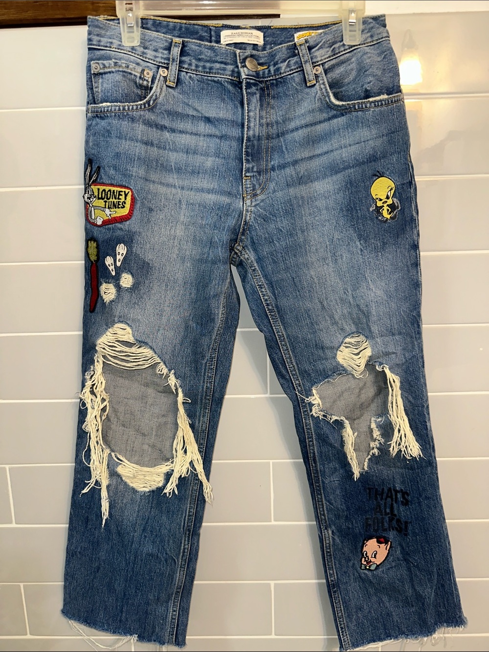 Zara Premium Denim Looney Tunes Distressed Patchwork Jeans